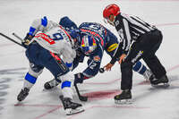 09.10.2026, München, Deutschland. PENNY DEL, Deutsche Eishockey Liga, Saison 2026/27, 7. Spieltag: EHC Red Bull München gegen ERC Ingolstadt im SAP Garden in München. Brady Ferguson (EHC Red Bull München) zusammen mit Myles Powell (ERC Ingolstadt) im Eishockey Bully